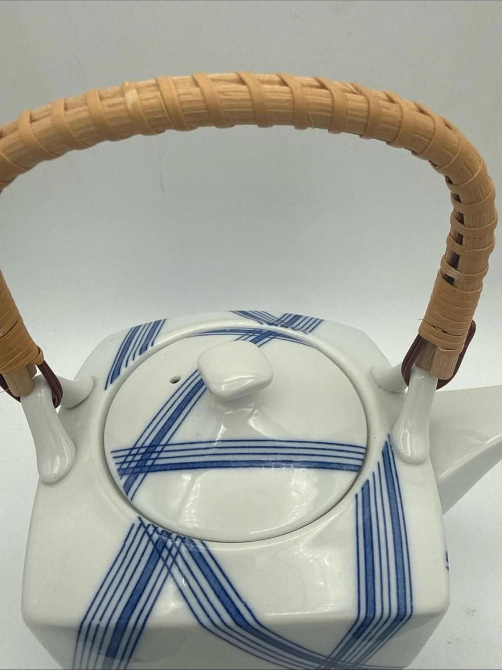 Blue & White Porcelain Teapot Set with Bamboo Handle - 5pc